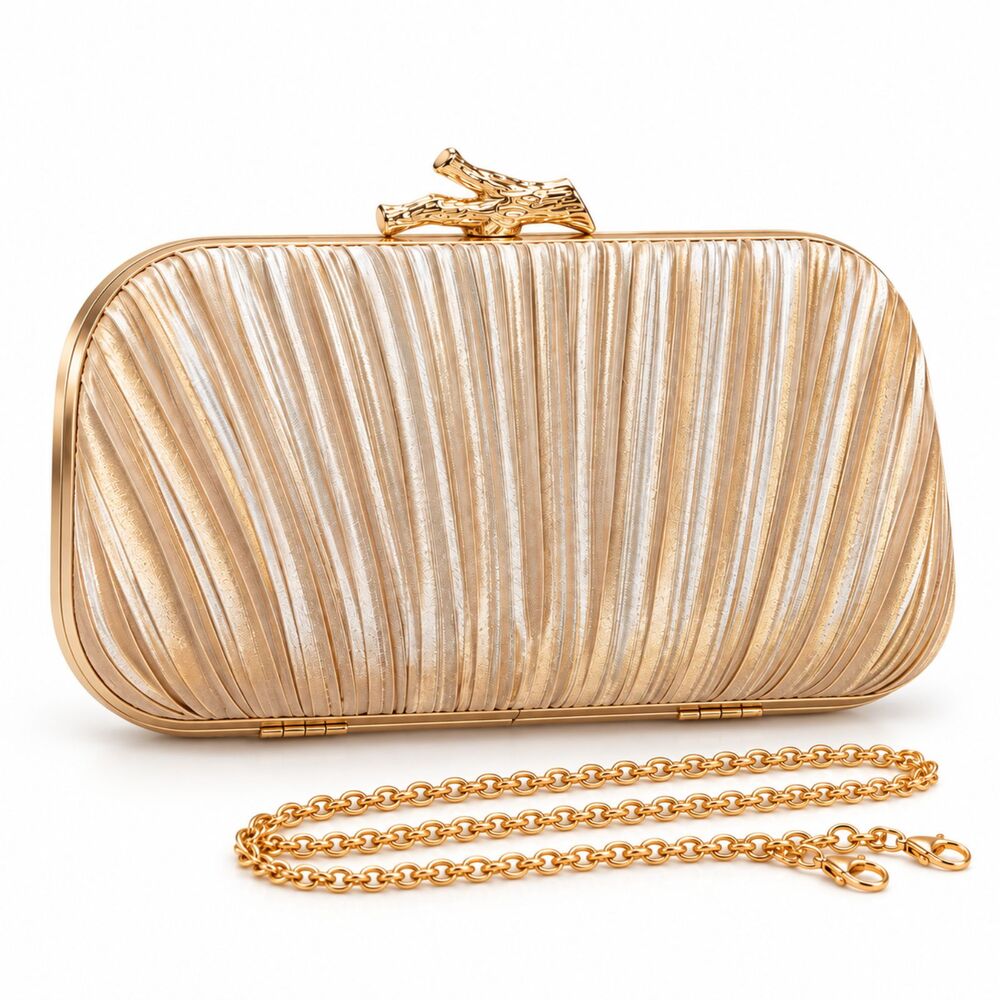 Gold Pleated Satin Evening Clutch Purse Chain Strap Wedding Prom Formal Bag